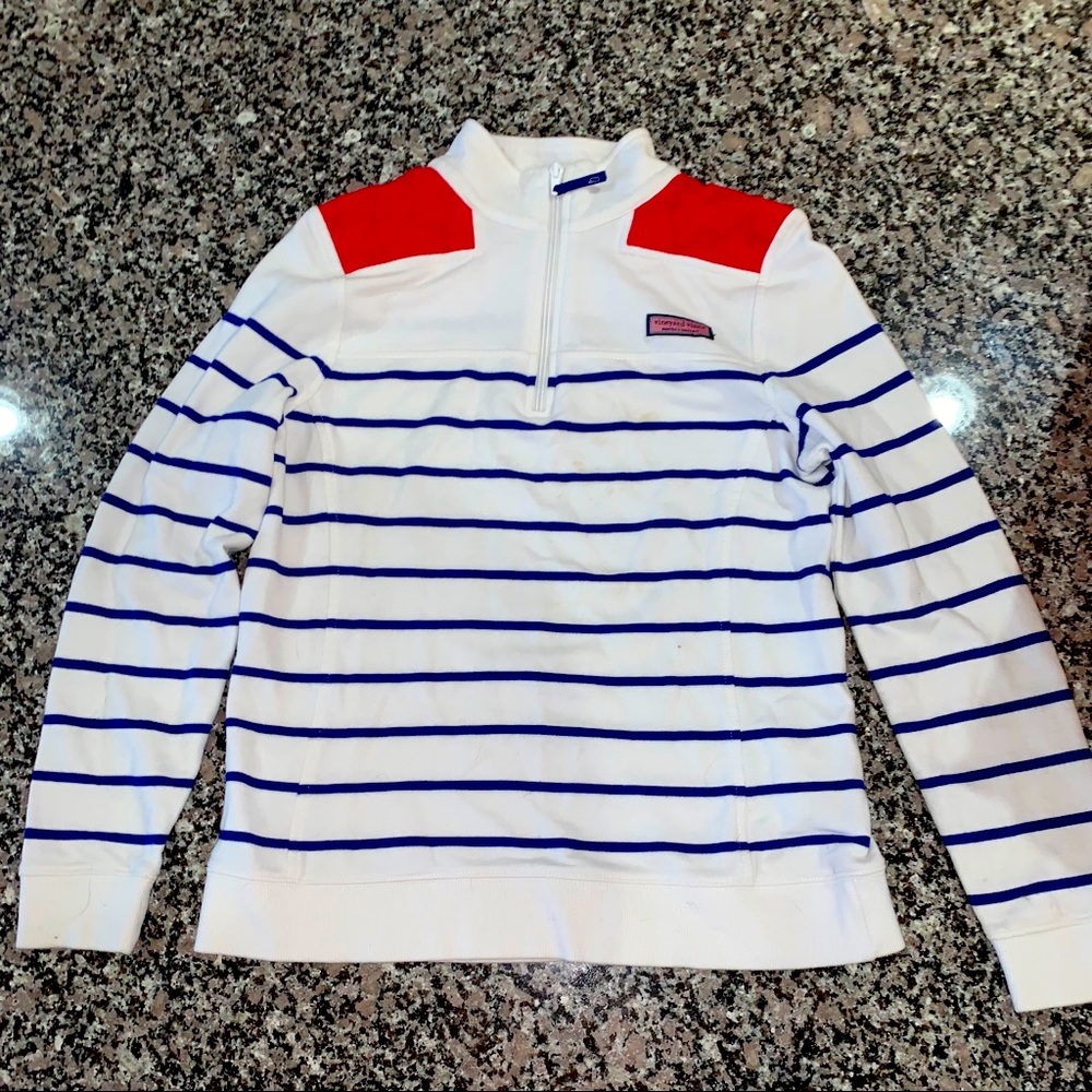 blue and white striped quarter zip pullover